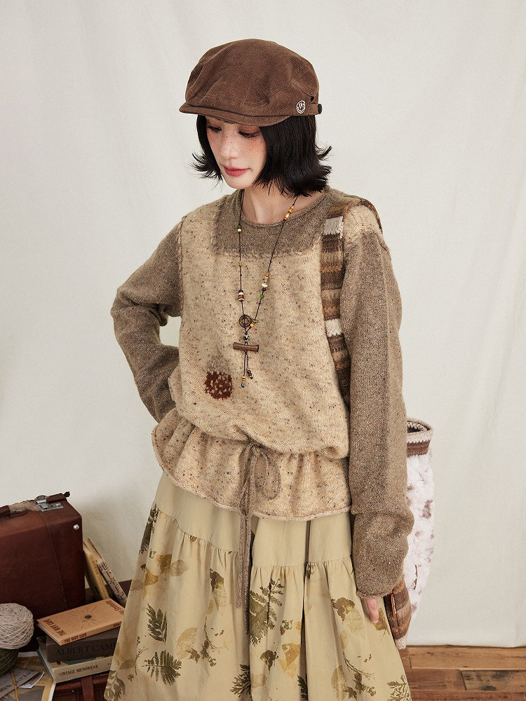 Drawstring Two-Piece Coffee Sweater Mock Pinecone Waist Kawaii Print with Vintage