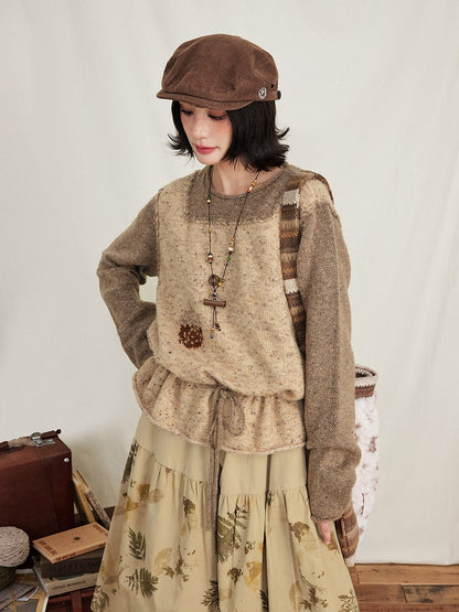Drawstring Two-Piece Coffee Sweater Mock Pinecone Waist Kawaii Print with Vintage