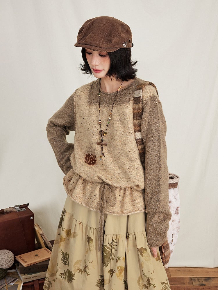 Kawaii Print Beige Leaf Skirt Coffee with