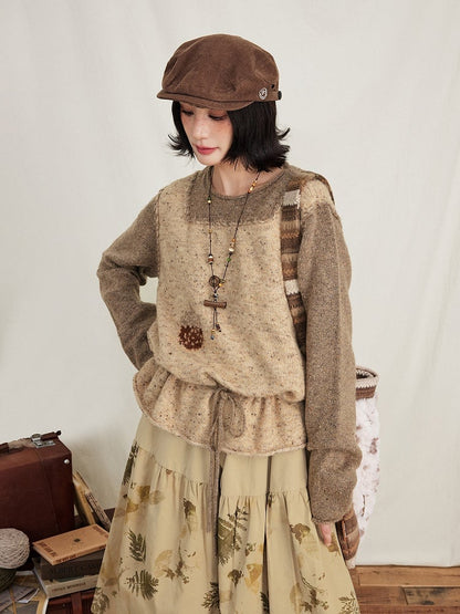 Kawaii Print Beige Leaf Skirt Coffee with