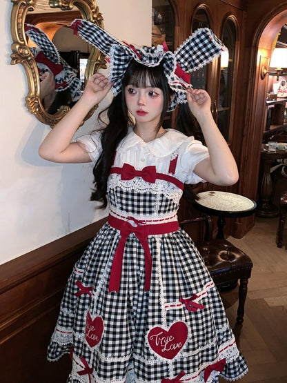 Altes Lolita-Kleid aus Baumwolle, weiß, schwarz, karierter Rock, Pullover und Schule