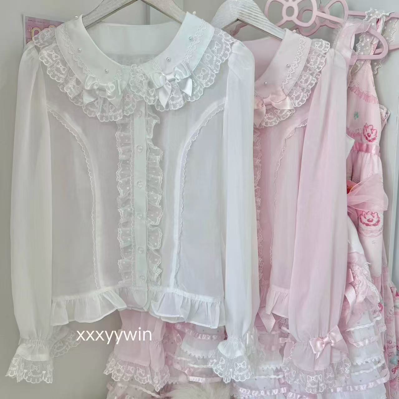 Ice Pearl Lolita Chiffon Bow Short Sleeve Blouse
