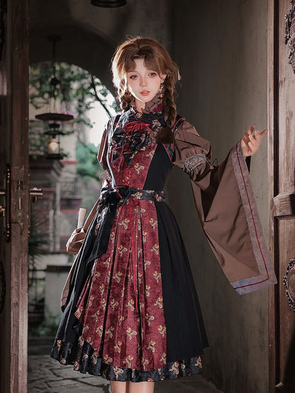 Retro Floral Print Lolita JSK with Layered Skirt - Neoludwig