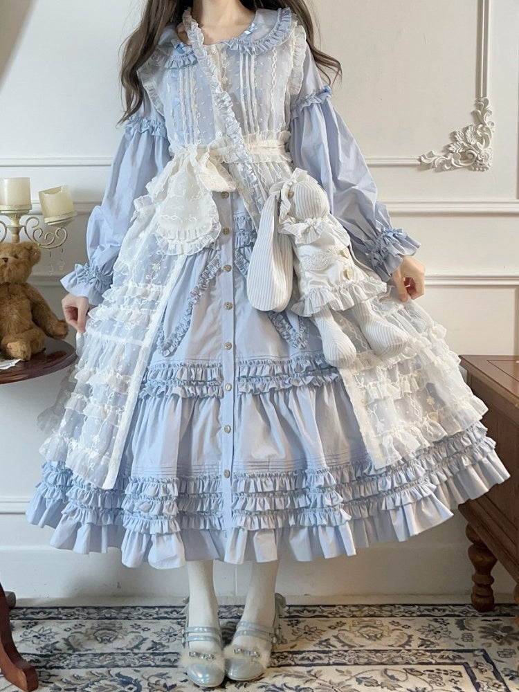 Lolita Bunny Ruffled Ear Floral Hood with White Overdress Pattern