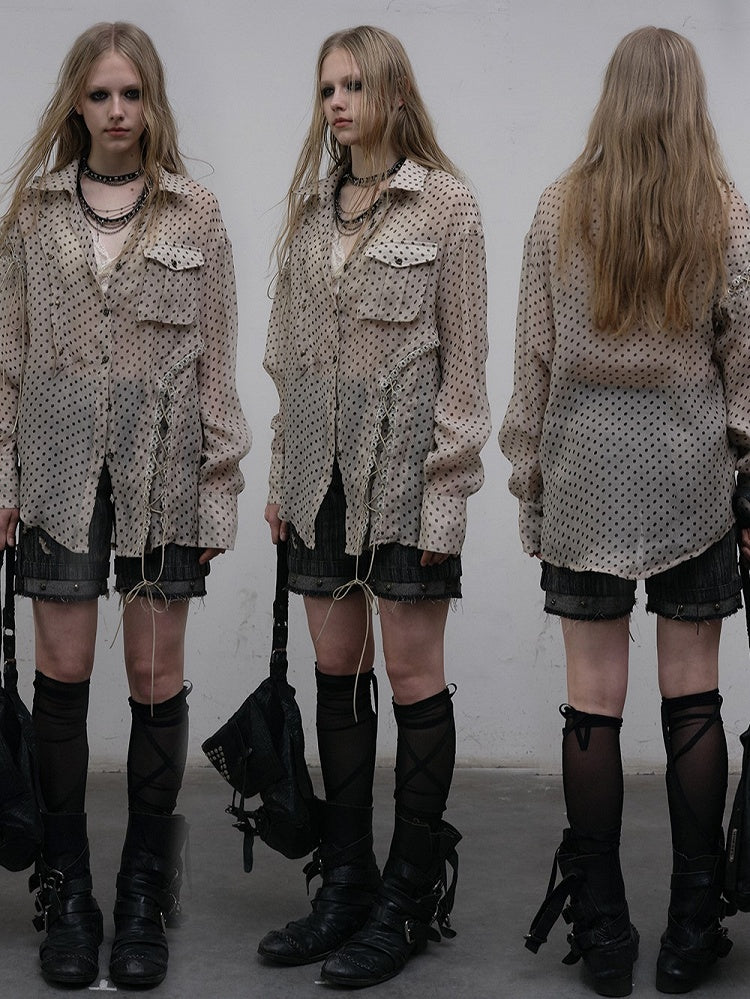 Apricot Laces Shirt with Cross-Tie Punk Dot Side Chiffon Polka Slits