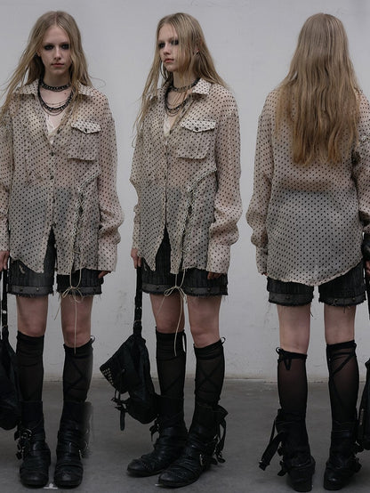 Apricot Laces Shirt with Cross-Tie Punk Dot Side Chiffon Polka Slits