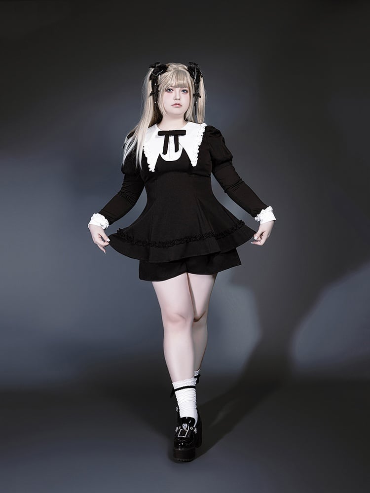 Black Jirai Juliette Flat Gothic Pointed Top with Sleeves Kei Set: Three-Piece White Collar