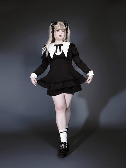 Black Jirai Juliette Flat Gothic Pointed Top with Sleeves Kei Set: Three-Piece White Collar