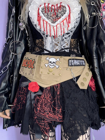 カーキ スケルトン アップリケ チェーン パンク ウエストバッグ