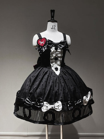 Black White Polka Dot Gothic Lolita Jumper Skirt with Bows Striped Hem - Tan Tuan