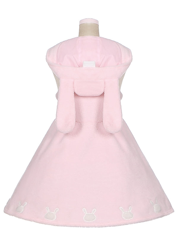 Pink Bunny Ears Hooded Plush Overalls Sweet Lolita Dress