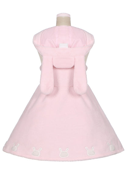 Pink Bunny Ears Hooded Plush Overalls Sweet Lolita Dress