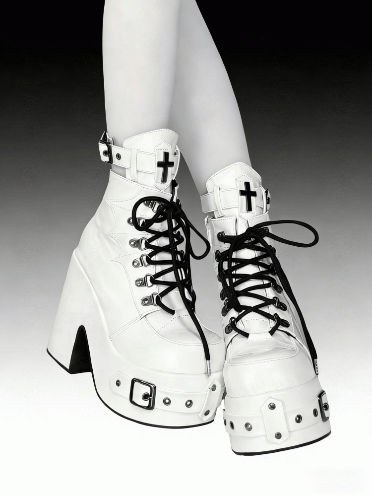 White Gothic Platform 12CM High Heel Boots with Buckle & Spiderweb Design - Transfer Student