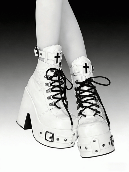 White Gothic Platform 12CM High Heel Boots with Buckle & Spiderweb Design - Transfer Student