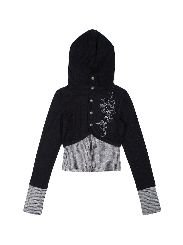 Punk Hem Hoodie Gray Knit Rhinestone Cuffs Black Y2K with Totem Jacket
