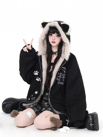 Cozy Suede Cat-Ear Hooded Coat with Plush Lining and Embroidered Cat Details Black/Apricot