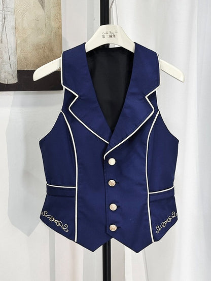 4-Piece Ouji Lolita Ensemble Blue & Black Vest Blouse Shorts Set - Castle Too