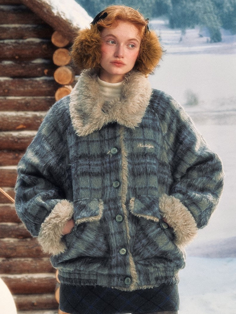 with Accents Blue Vintage Coat Contrast Furry Plaid
