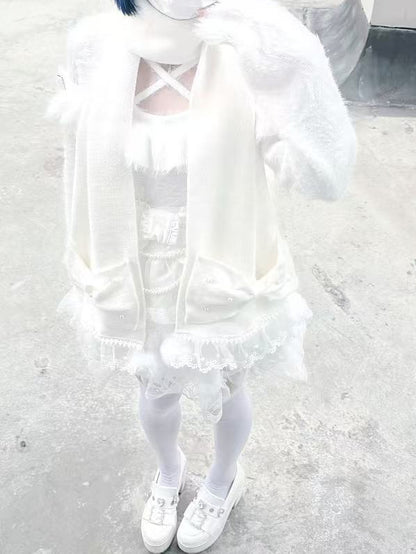 Lace White with Scarf Big Bows Trim and Jirai Bead Embellished Kei