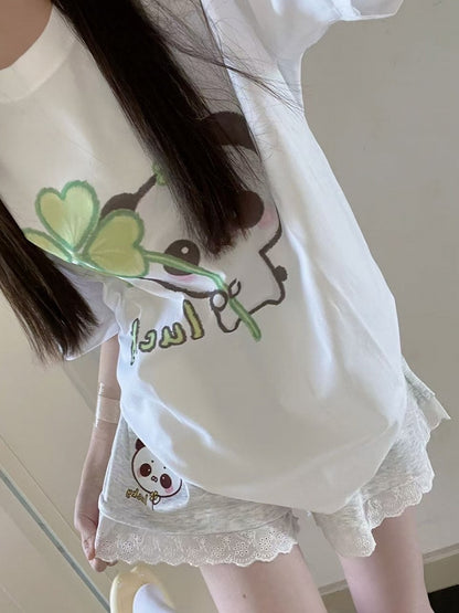 Trim with Shorts Print White Panda Lace