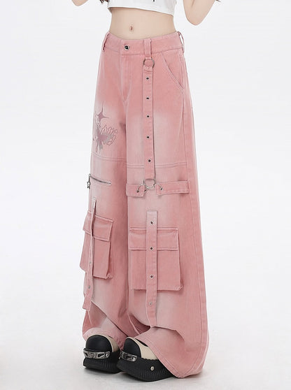 Print Wide-Leg Cargo Jeans Pink Butterfly Strap Details Vintage
