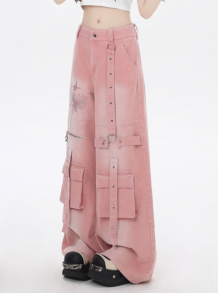 Print Strap Details Vintage Jeans Wide-Leg Cargo Pink Butterfly