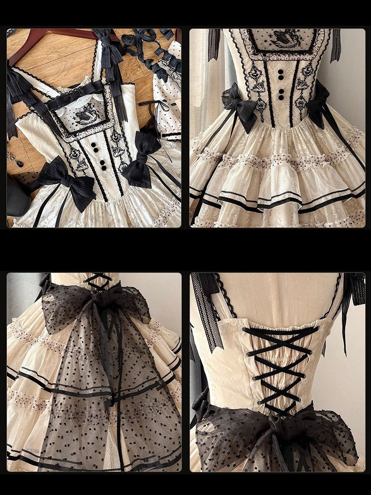 Swan-Embroidered Ruffled JSK Dress in Beige & Black - U.Rtto