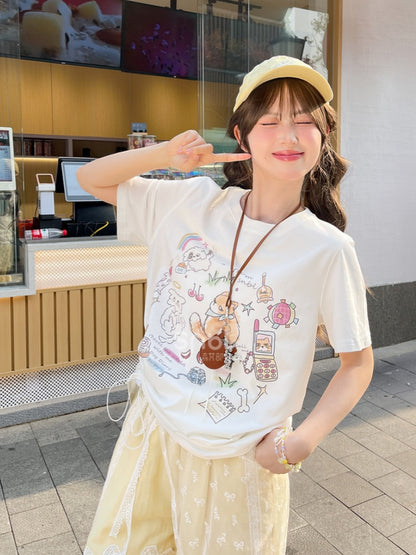 バージョンTシャツ ベージュ 愛らしいキツネプリント ロング/ショート