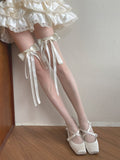 Ribbon Knee Decorated Stockings Bow White/Black Over Sheer Creamy