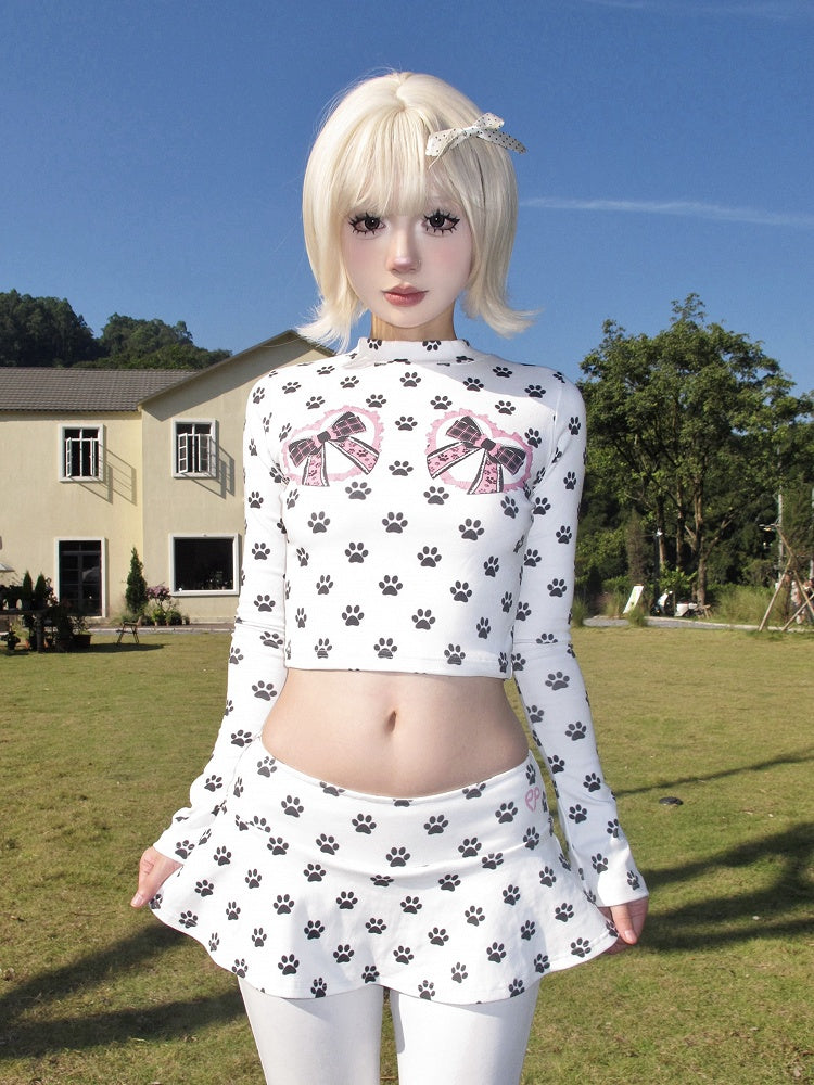 White Paw Bowknot Long Sleeve Cropped Top