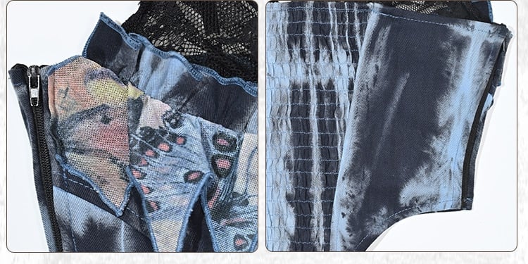 Grunge Punk Rock Fee Blau Spitze Wasserfallausschnitt Korsett mit Knochen Tie Dye Cami Top