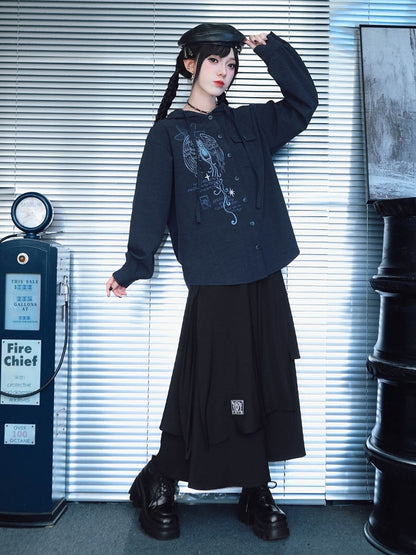 Navy Long Sleeve Hooded Shirt with Sea Angel Graphic Print - Quirky Hut