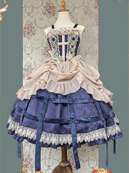 with Trim JSK Blue Lace Dress Apricot Lolita Gothic Cross and Motif