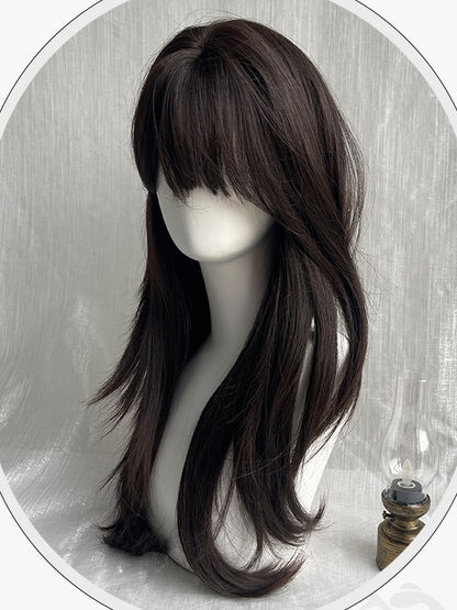 Schwarze, lange, glatte Kunsthaarperücke mit vollem Pony