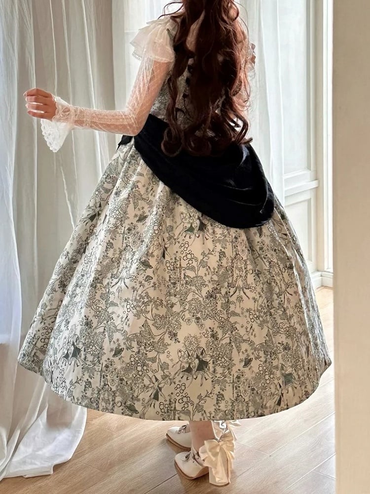 Green Basque Boned Bust Lolita Skirt and Jumper Waist Animals Print Wood Under
