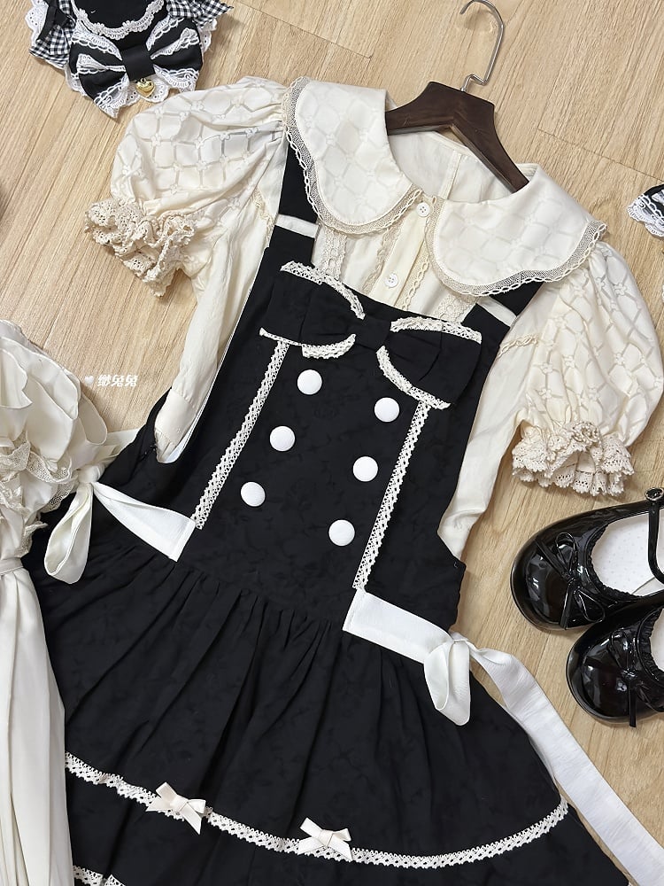Double-Breasted Black Trim Sweet with Lolita Overall Buttons White Lace Dress and