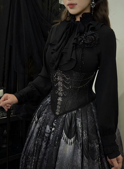 Jabot Sleeves with Details Shirt Long Collar Pleated Black