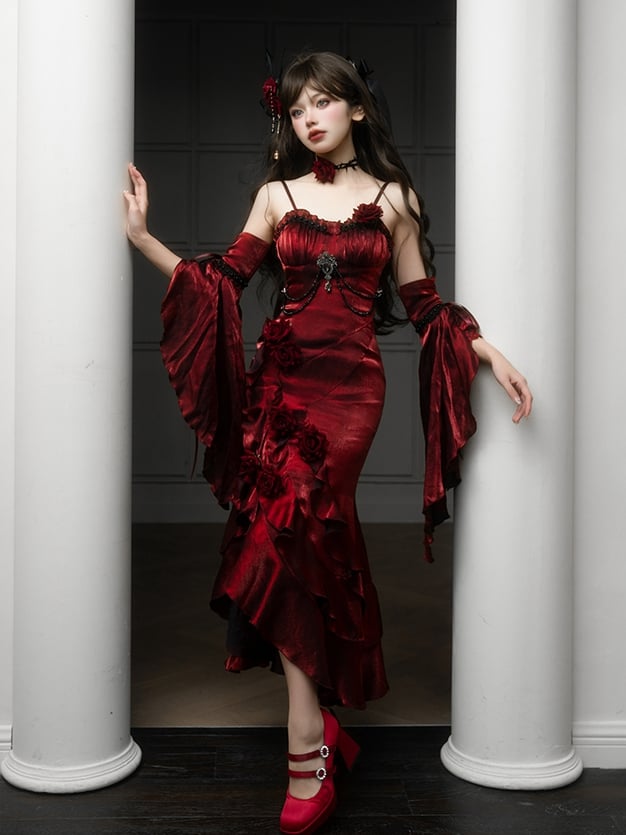 Burgundy Rosette Mermaid Evening Gown with Detachable Flounce Sleeves