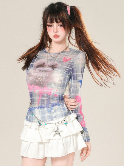 Blaues und glamouröses Top mit Druckmuster, langen Ärmeln, Buchstaben-Plaid-Puppe