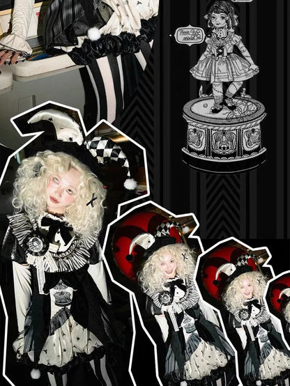 Sweet Accessories Top Skirt Clown Vibes White Sleeves Hi-lo and + Set- Black Puff Circus Full Lolita
