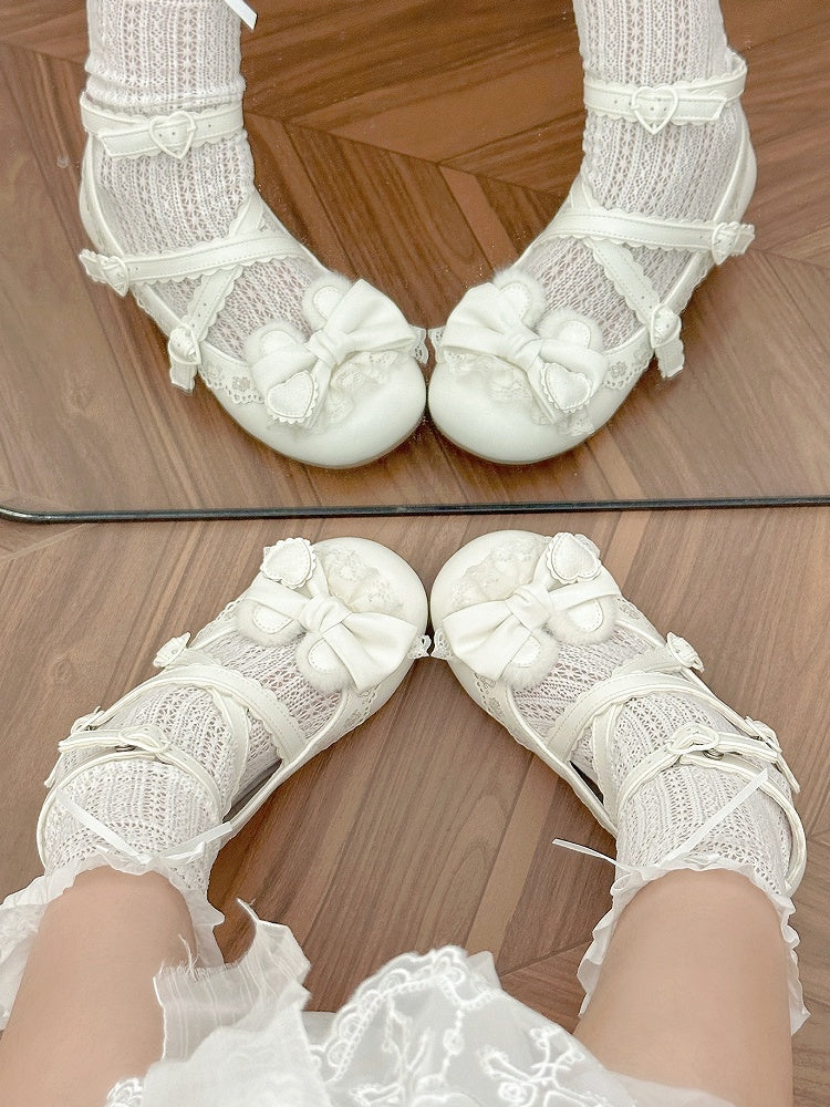 White Low-Heel Mary Janes with Crisscross Straps by Sheep Puff