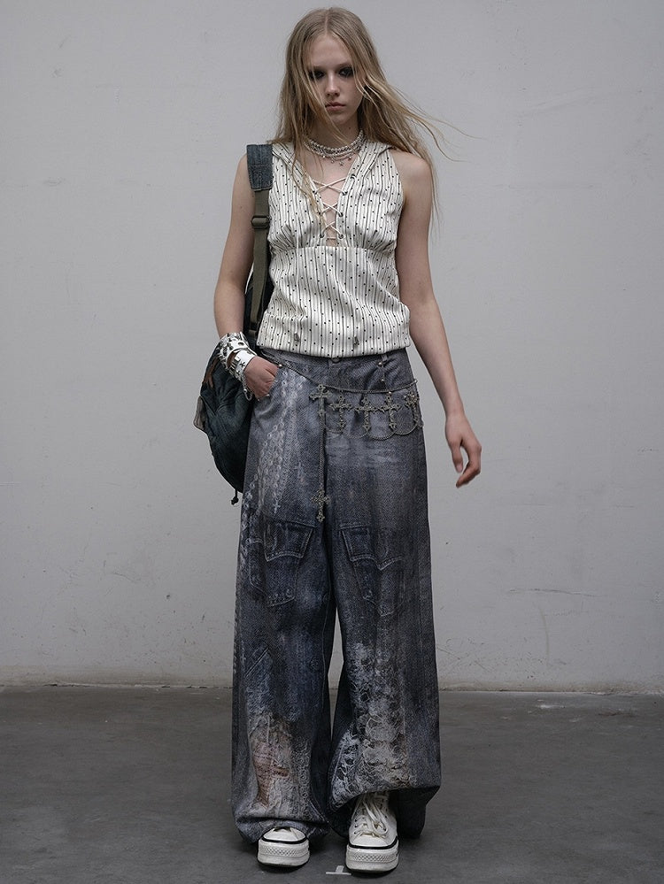 Print Spitzenjeans Schnitt Weites Bein Blau Kette Punk Wasteland Details