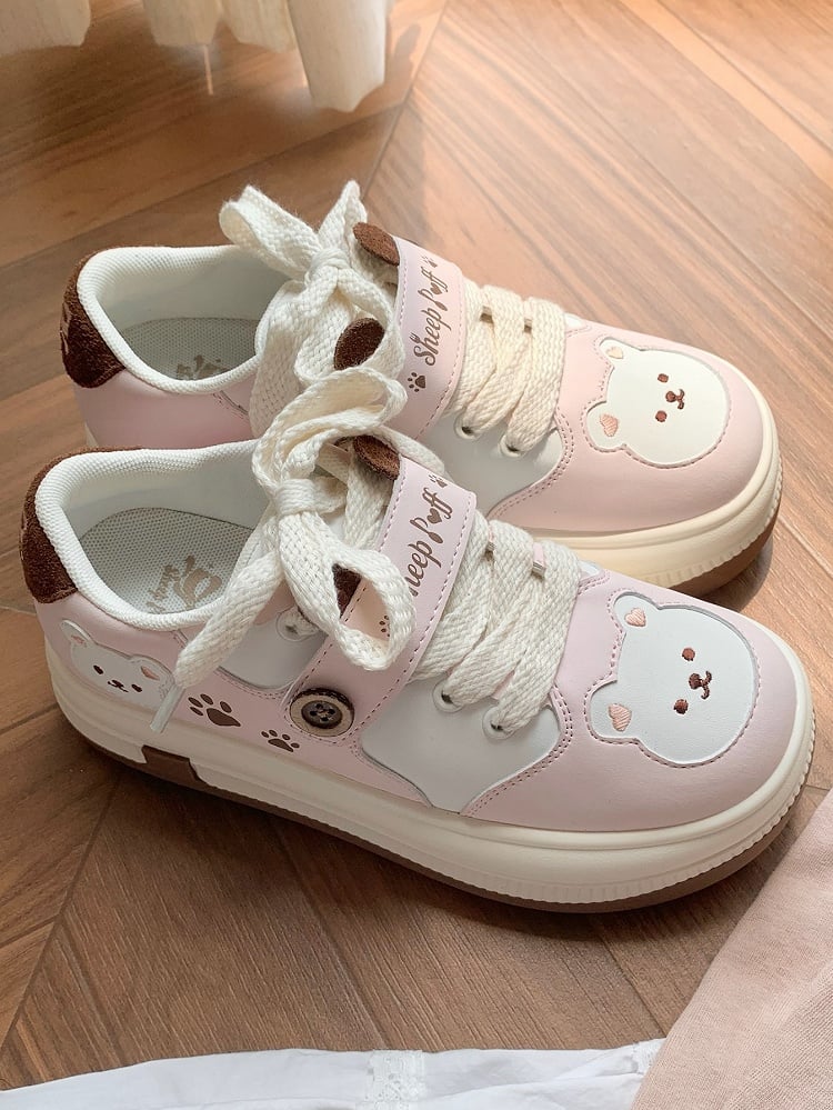 Lace-up Lolita Design with in Print Pink Paw Closure Platform Velcro Sweet Removable Sneakers