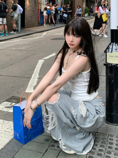 Top/Grau Elastische Taille Distressed Löcher Casual Hosen Cami Weiß Glamouröse Grafik