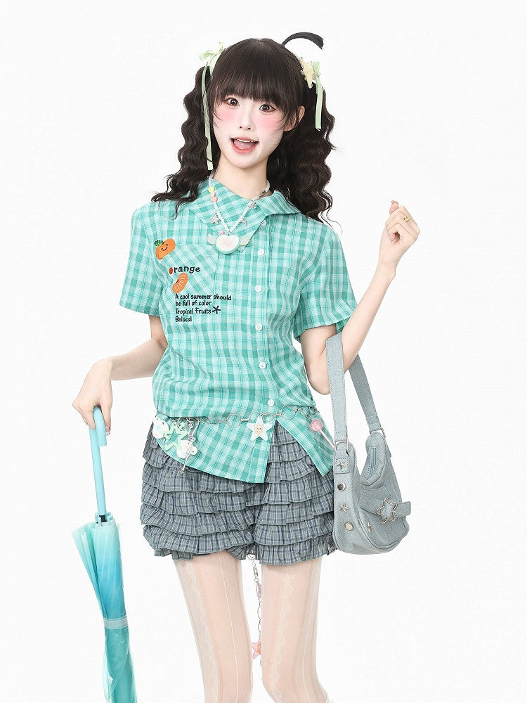 Green Asymmetrical Plaid Shirt with Orange Embroidery - Languid Park