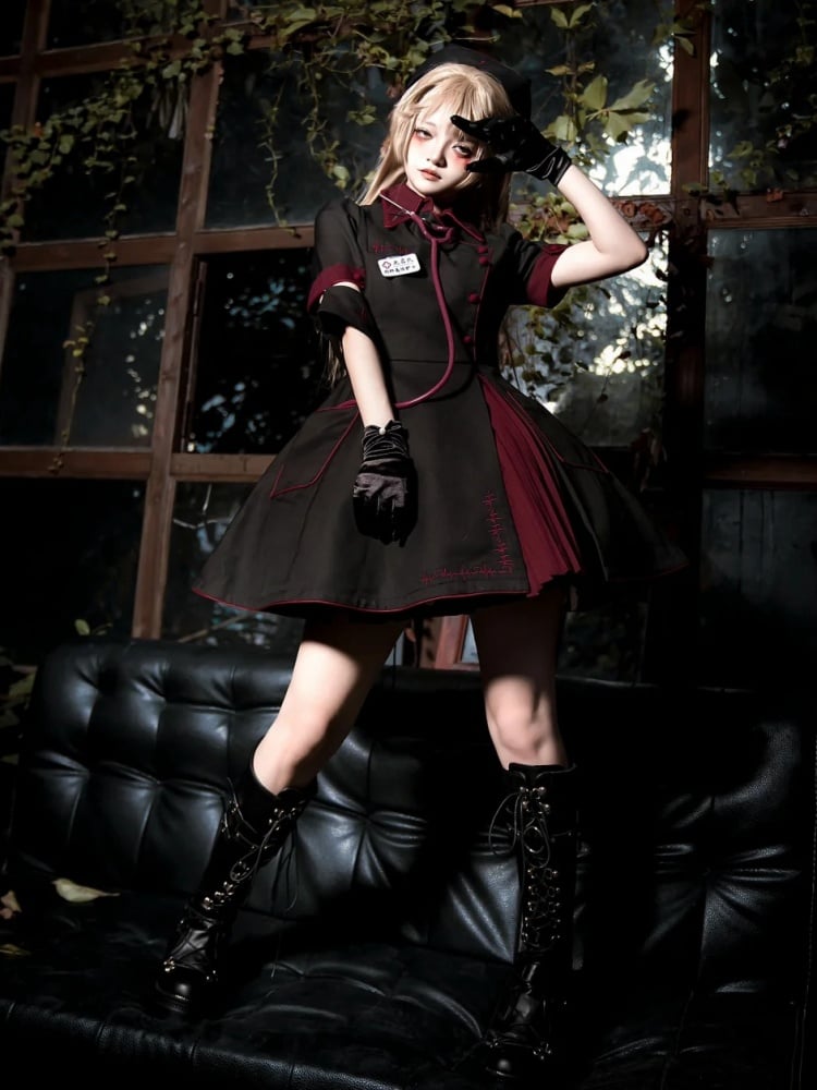 Schwarzes und rotes Halloween-Kostüm für Krankenschwestern, Lolita-Kleid, komplettes Set