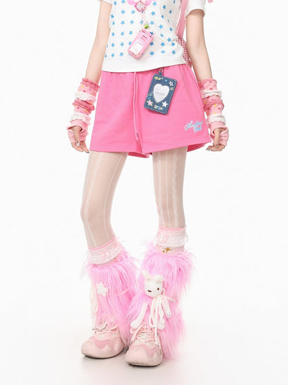 Cute Pink Letter-Printed Drawstring Summer Shorts - Languid Park