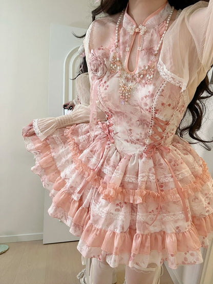 Qipao-Style Floral Halter Details Pattern with Lace Pink Dress Button Lolita Sweet Neck