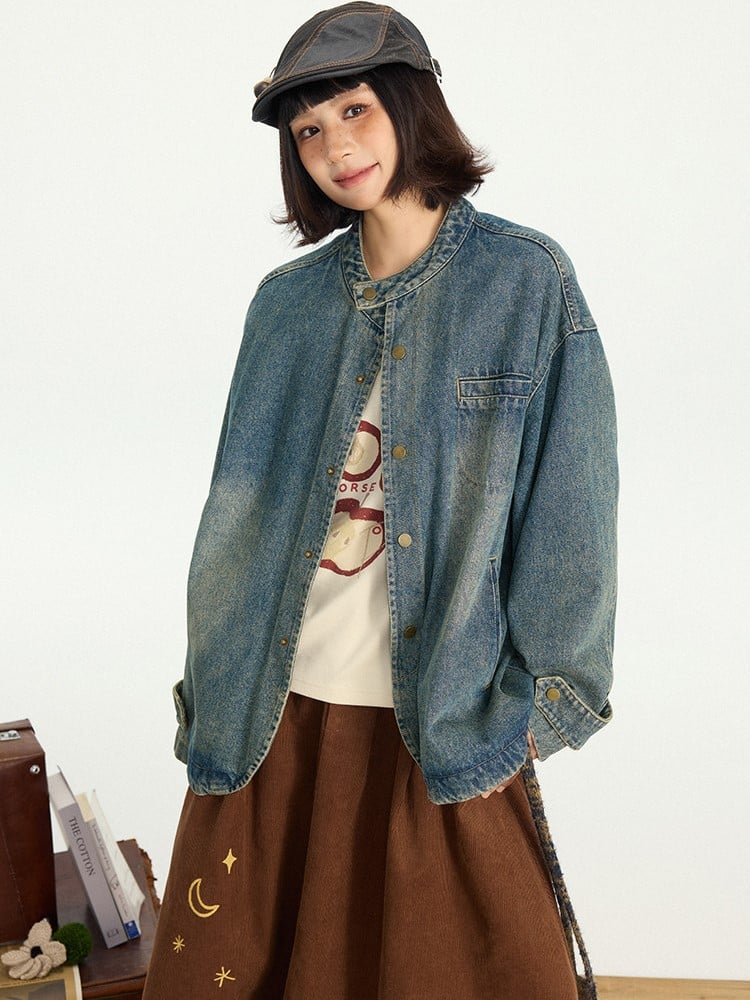 Design Vintage Jacket Distressed Snap Blue Denim Placket