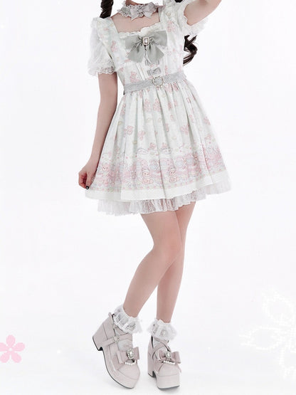 Ryousangata Style Green Bear Print Square Neck Short-Sleeve Dress with Lace and Bow Details - Shi Zhai Xin